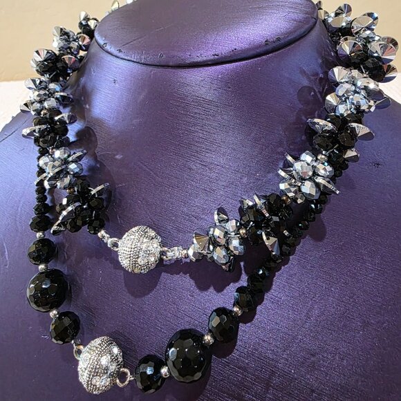 Vintage Black Silver Crystal Bead 3 Piece Convertible Statement Runway Necklace - Picture 9 of 17